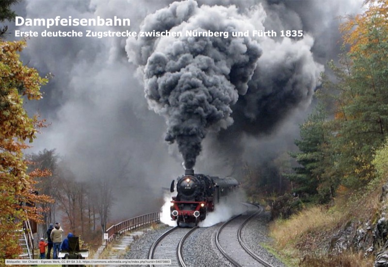 Dampfeisenbahn mit dicken Rauchwolken – erste deutsche Zugstrecke zwischen Nürnberg und Fürth 1835