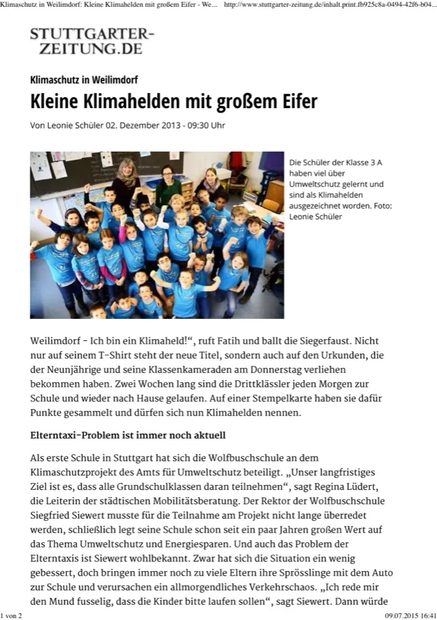 Artikel der Stuttgarter Zeitung: Kleine Klimahelden mit großem Eifer